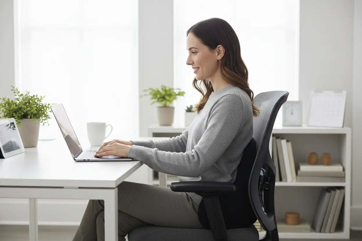Femme en télétravail avec coussin lombaire minimal - Option 1