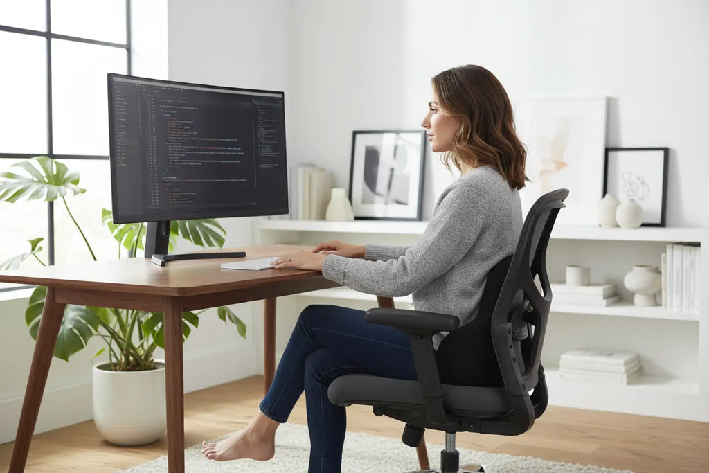 Femme en télétravail avec coussin lombaire minimal - Option 2