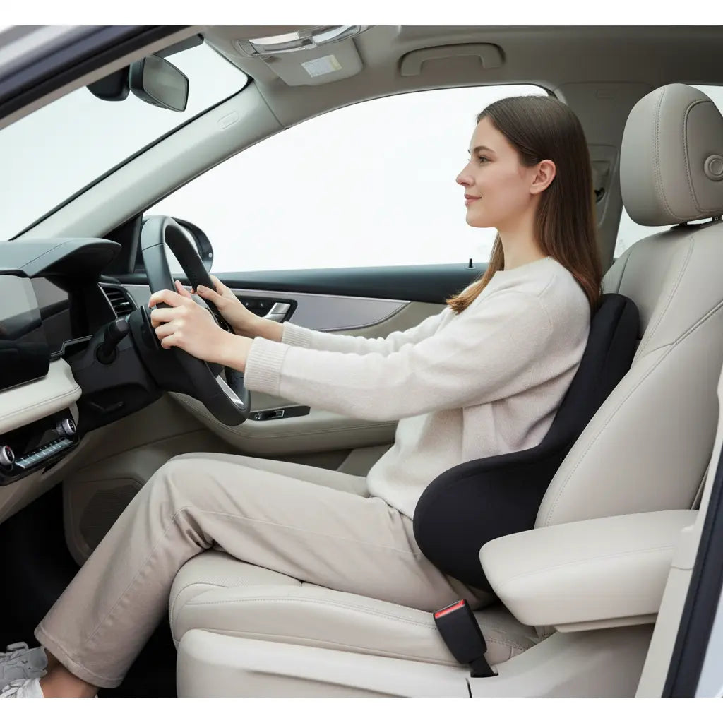 Femme en voiture avec coussin lombaire